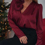 Nadorine Elegant V-Neck Flower Decor Satin Blouse for Women Elegant Office Work Dressy 2026 | Under $40