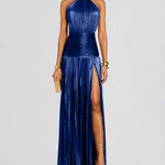 Glossy Sleeveless Evening Gown Maxi Halter Dress