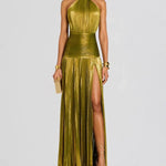 Glossy Sleeveless Evening Gown Maxi Halter Dress