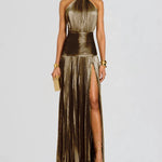 Glossy Sleeveless Evening Gown Maxi Halter Dress
