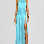 Glossy Sleeveless Evening Gown Maxi Halter Dress