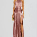 Glossy Sleeveless Evening Gown Maxi Halter Dress