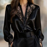 Nadorine Urban V-neck Lace Splicing Puff Sleeve Blouse for Women Elegant Date Night Party 2026 | Under $40