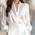Nadorine Urban V-neck Lace Splicing Puff Sleeve Blouse for Women Elegant Date Night Party 2026 | Under $40