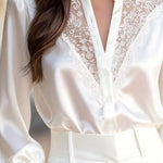 Nadorine Urban V-neck Lace Splicing Puff Sleeve Blouse for Women Elegant Date Night Party 2026 | Under $40