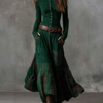 Vintage Plaid Patchwork Suede Maxi Dress