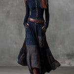 Vintage Plaid Patchwork Suede Maxi Dress