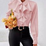 Nadorine Elegant Solid Ruffle Tie Neck Blouse for Women Cute Summer Casual 2026 | Under $40