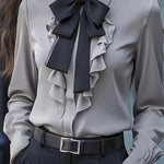 Nadorine Fashion Contrast Ruffled Bow Tie Blouse for Women Cute Summer Casual 2026 | Under $40