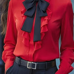 Nadorine Fashion Contrast Ruffled Bow Tie Blouse for Women Cute Summer Casual 2026 | Under $40