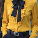 Nadorine Fashion Contrast Ruffled Bow Tie Blouse for Women Cute Summer Casual 2026 | Under $40