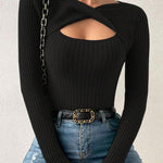 Sexy Cross Neckline Openwork Fitted Knit Top