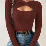 Sexy Cross Neckline Openwork Fitted Knit Top