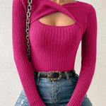 Sexy Cross Neckline Openwork Fitted Knit Top