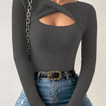 Sexy Cross Neckline Openwork Fitted Knit Top