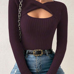 Sexy Cross Neckline Openwork Fitted Knit Top
