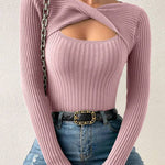 Sexy Cross Neckline Openwork Fitted Knit Top