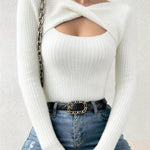 Sexy Cross Neckline Openwork Fitted Knit Top