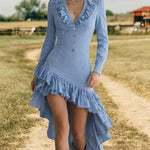 Western Style Ruffle Trim Denim Dress