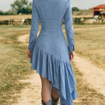 Western Style Ruffle Trim Denim Dress