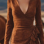 Nadorine Women's Boho Western Ruffle Trim Suede Dress