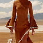 Elegant Suede Flared Sleeves Midi Dress