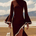 Elegant Suede Flared Sleeves Midi Dress