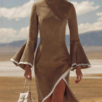 Elegant Suede Flared Sleeves Midi Dress