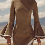 Elegant Suede Flared Sleeves Midi Dress