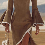 Elegant Suede Flared Sleeves Midi Dress
