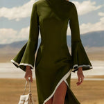 Elegant Suede Flared Sleeves Midi Dress