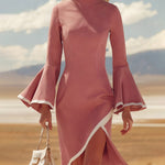 Elegant Suede Flared Sleeves Midi Dress