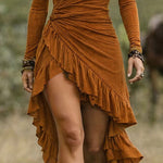Vintage Asymmetrical Ruffled Hem Elastic Knit Dress