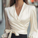 Nadorine Elegant Solid Color Satin Wrap Blouse for Women Elegant Office Work Dressy 2026 | Under $40