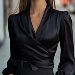 Nadorine Elegant Solid Color Satin Wrap Blouse for Women Elegant Office Work Dressy 2026 | Under $40