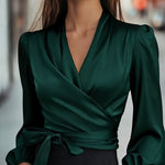 Nadorine Elegant Solid Color Satin Wrap Blouse for Women Elegant Office Work Dressy 2026 | Under $40