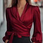 Nadorine Elegant Solid Color Satin Wrap Blouse for Women Elegant Office Work Dressy 2026 | Under $40