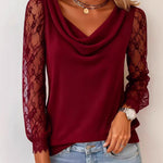 Nadorine Lace Patchwork Sleeve Drape Neck T-Shirt for Women Elegant Date Night Party 2026 | Under