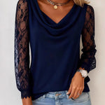 Nadorine Lace Patchwork Sleeve Drape Neck T-Shirt for Women Elegant Date Night Party 2026 | Under