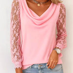 Nadorine Lace Patchwork Sleeve Drape Neck T-Shirt for Women Elegant Date Night Party 2026 | Under