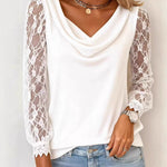 Nadorine Lace Patchwork Sleeve Drape Neck T-Shirt for Women Elegant Date Night Party 2026 | Under