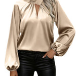 Nadorine Elegant Satin Stand Collar Lantern Sleeve Blouse for Women Elegant Office Work Dressy 2026 | Under $40