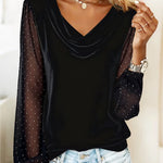 Nadorine Rhinestone Accent Mesh Sleeve Cowl Neck T-Shirt for Women Casual Work Office Loose Fit 2026 | Under $40