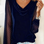 Nadorine Rhinestone Accent Mesh Sleeve Cowl Neck T-Shirt for Women Casual Work Office Loose Fit 2026 | Under $40