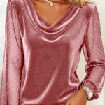 Nadorine Rhinestone Accent Mesh Sleeve Cowl Neck T-Shirt for Women Casual Work Office Loose Fit 2026 | Under $40