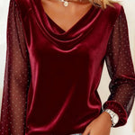 Nadorine Rhinestone Accent Mesh Sleeve Cowl Neck T-Shirt for Women Casual Work Office Loose Fit 2026 | Under $40
