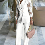 Nadorine Business Casual Lace Sleeves Blazer and Pants Set