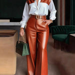 Urban Casual PU Splicing Shirt Pants Set