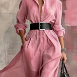 Nadorine Women's Comfy Flowy Belted Long Shirt Dress