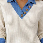 Nadorine Women's Casual Denim Patchwork Ribbed Knit Blouse
